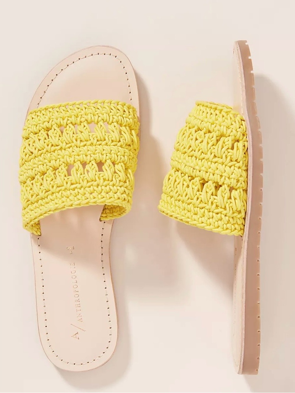 Anthropologie Bright Yellow Crochet Slide Sandals with Neutral Footbed